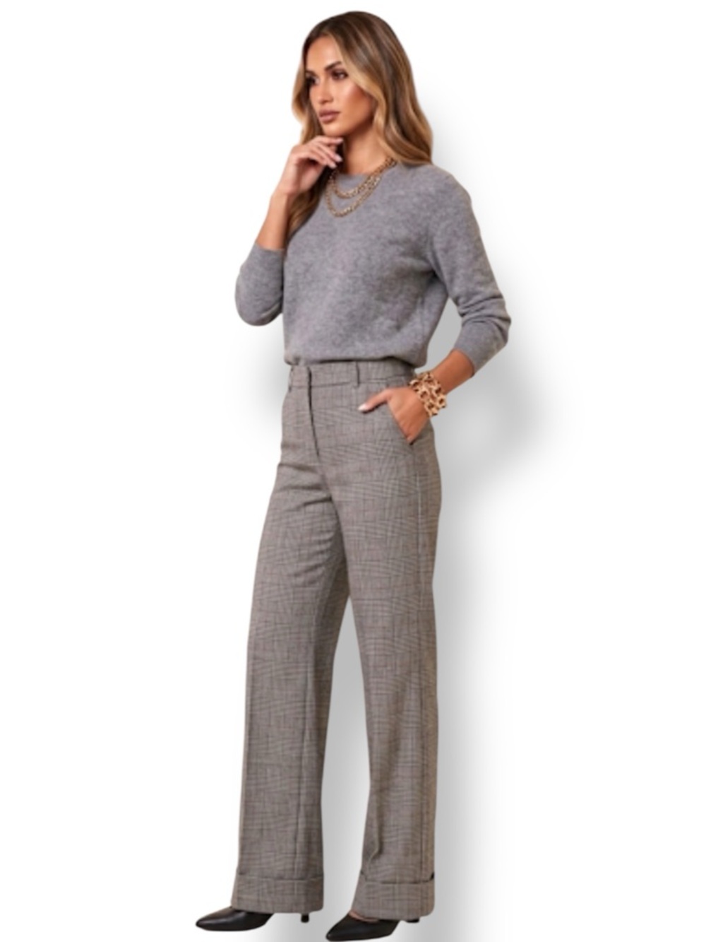Organic by John Patrick Grey Wool Plaid Trousers Dress Pants With Cuffs Size 8